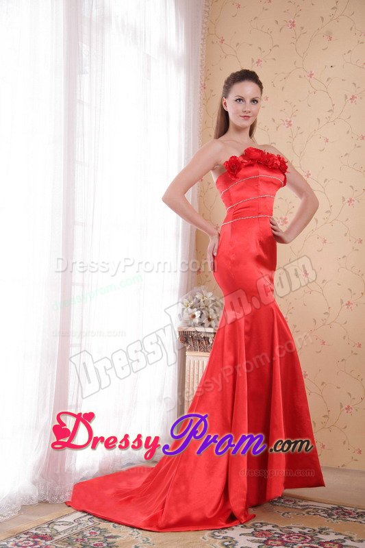 Satin Red Strapless Mermaid Prom Gown with Hand Made Flower