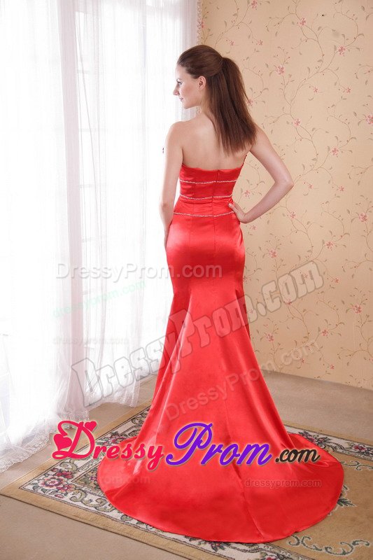 Satin Red Strapless Mermaid Prom Gown with Hand Made Flower