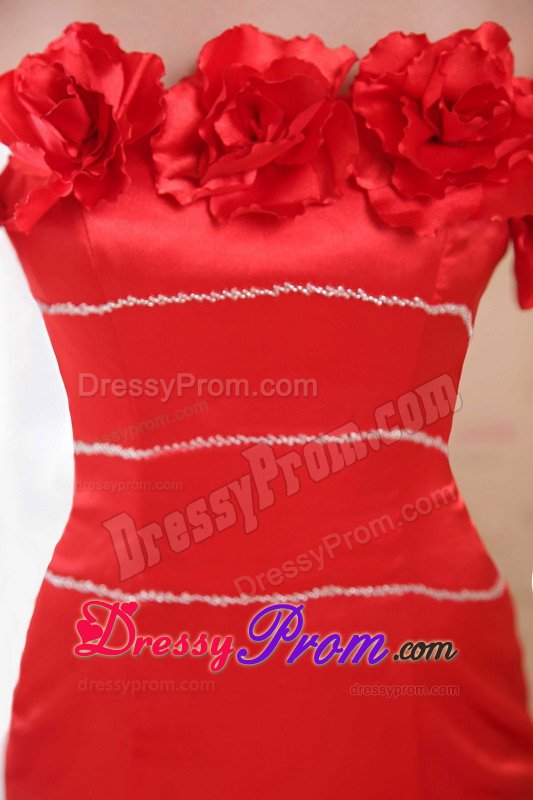 Satin Red Strapless Mermaid Prom Gown with Hand Made Flower