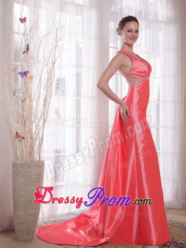 Watteau Beaded Watermelon Prom Dress with Crisscross Back