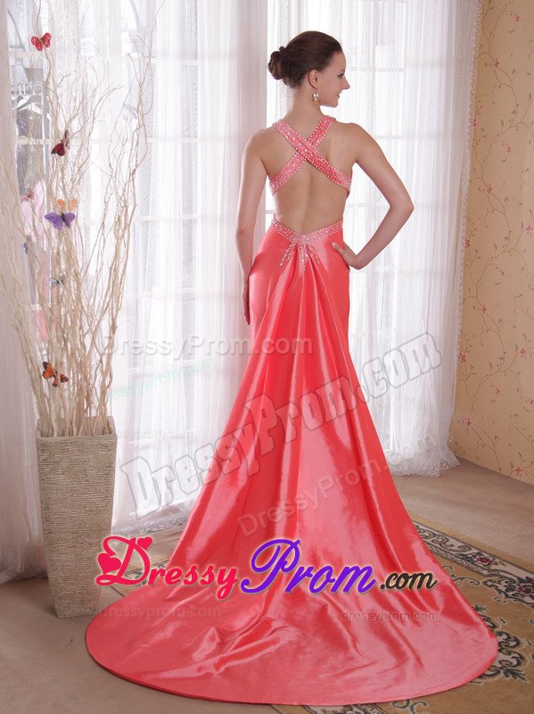 Watteau Beaded Watermelon Prom Dress with Crisscross Back