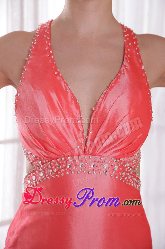 Watteau Beaded Watermelon Prom Dress with Crisscross Back