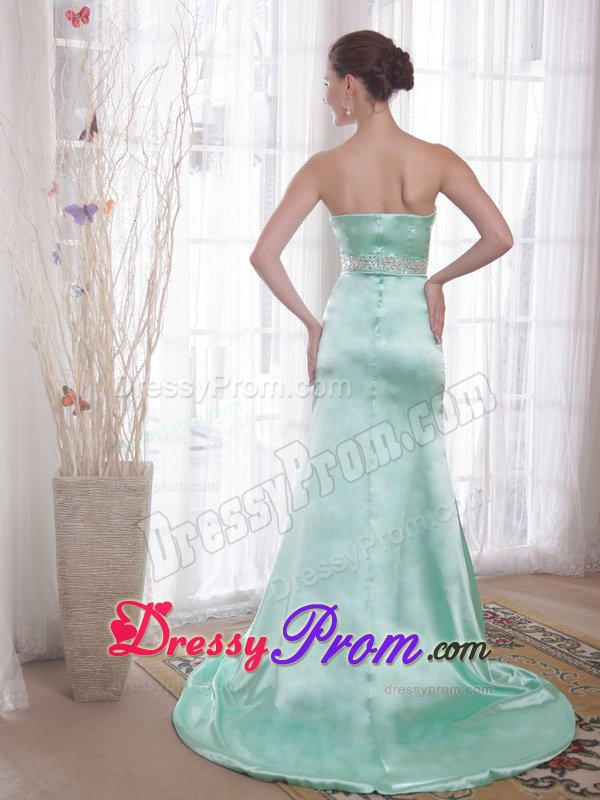 Satin Apple Green Chiffon Strapless Beads Prom Gown for Cheap
