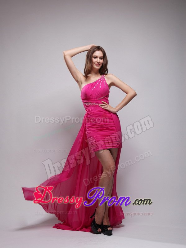 Chiffon Hot Pink Asymmetrical Ruche Prom Evening Dress Beaded