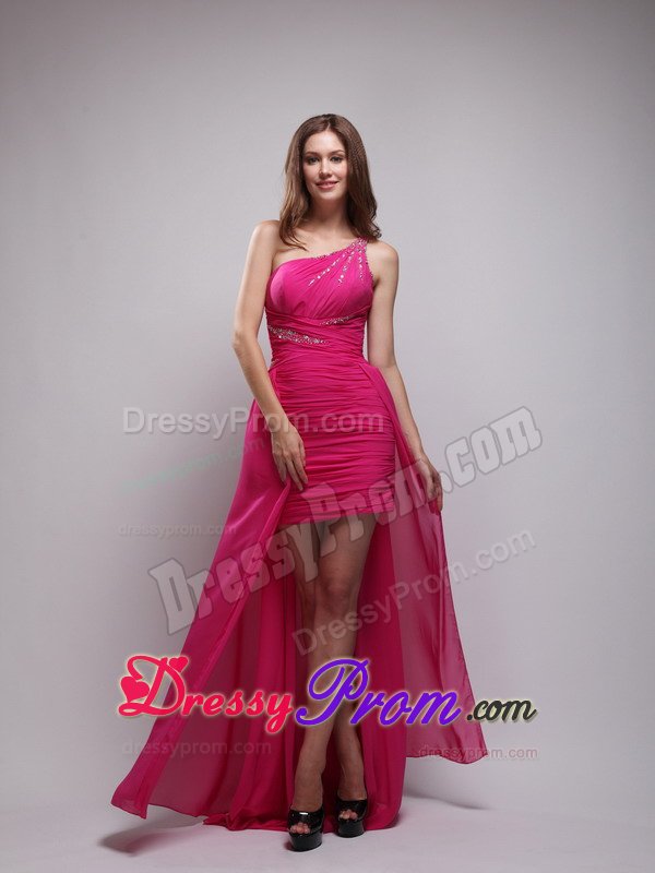 Chiffon Hot Pink Asymmetrical Ruche Prom Evening Dress Beaded