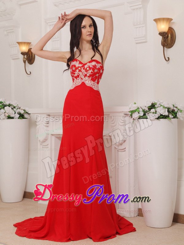Chic Sweetheart Red Brush Train Chiffon Prom with Appliques