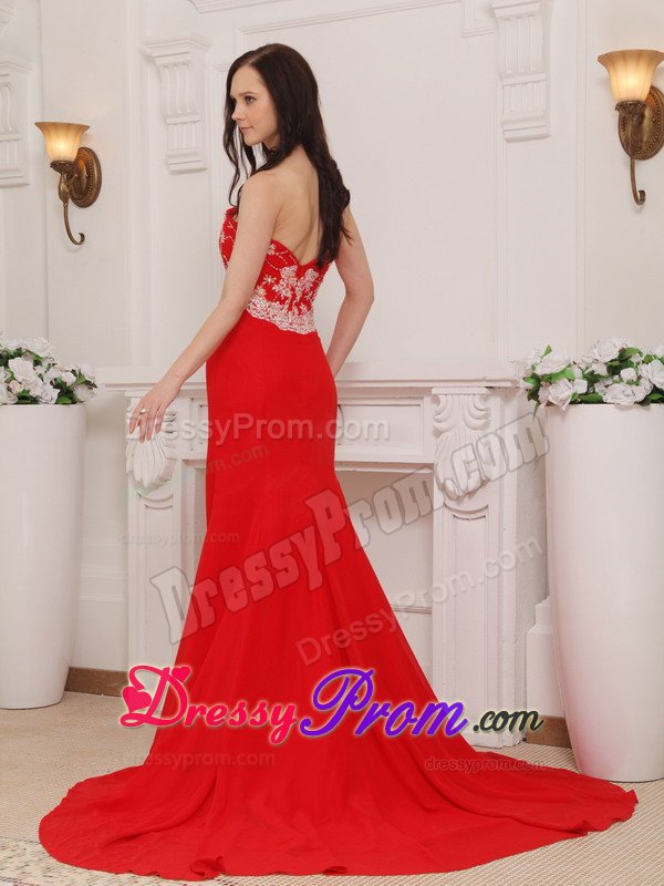 Chic Sweetheart Red Brush Train Chiffon Prom with Appliques