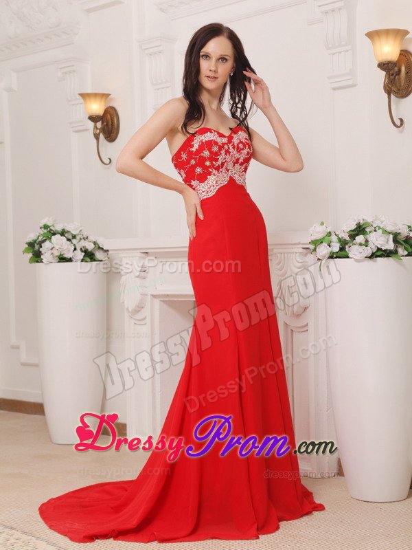 Chic Sweetheart Red Brush Train Chiffon Prom with Appliques