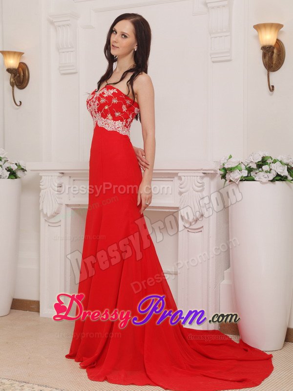 Chic Sweetheart Red Brush Train Chiffon Prom with Appliques