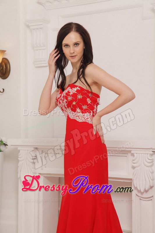 Chic Sweetheart Red Brush Train Chiffon Prom with Appliques