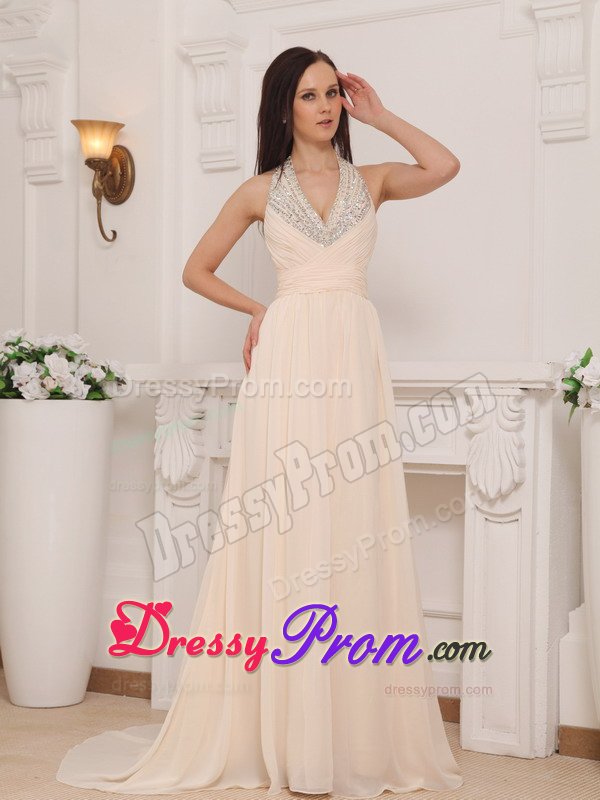 2013 Champagne Halter Chiffon Empire Prom Gown with Beading