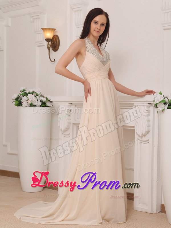 2013 Champagne Halter Chiffon Empire Prom Gown with Beading