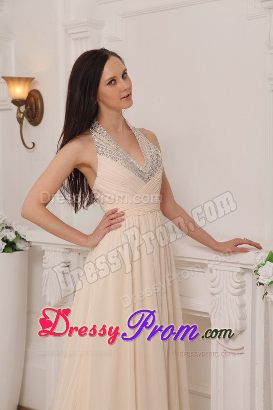 2013 Champagne Halter Chiffon Empire Prom Gown with Beading