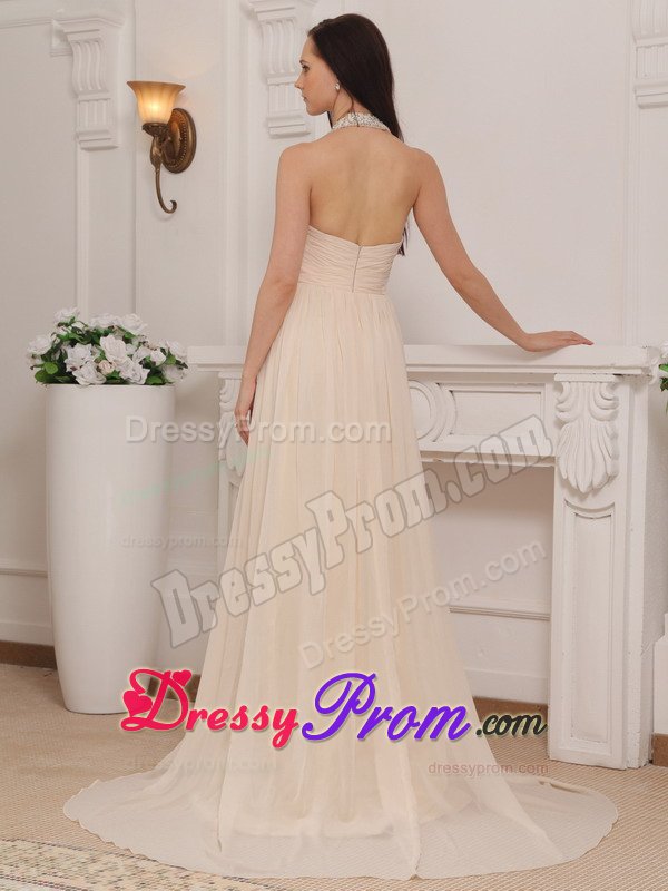 2013 Champagne Halter Chiffon Empire Prom Gown with Beading