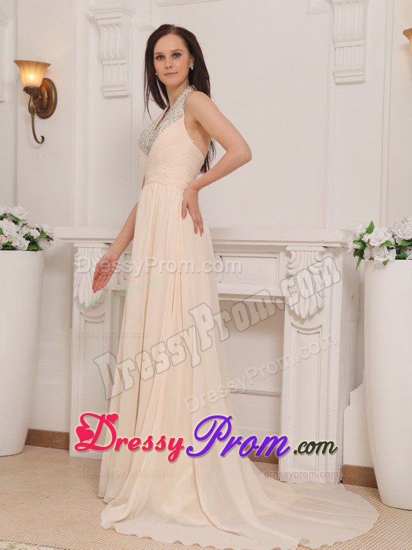 2013 Champagne Halter Chiffon Empire Prom Gown with Beading