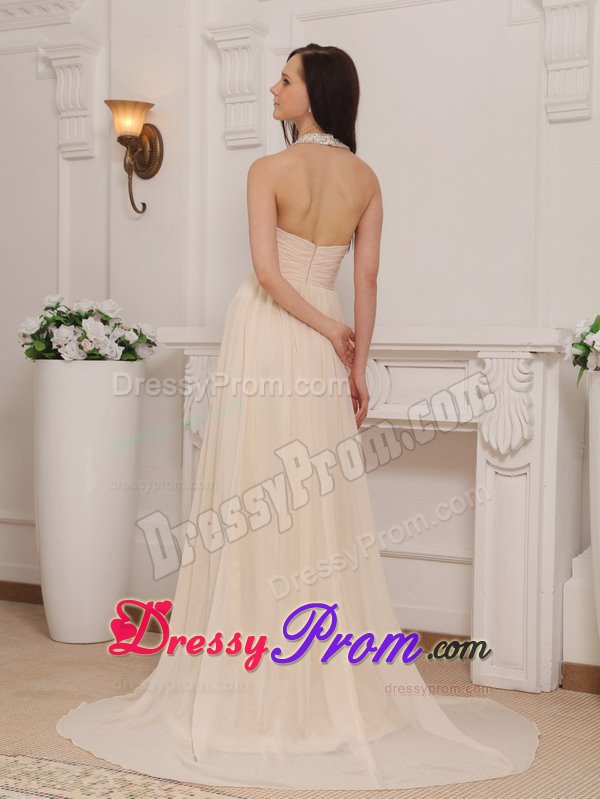 2013 Champagne Halter Chiffon Empire Prom Gown with Beading