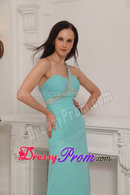 Chiffon One Shoulder Column High Slit Beaded Prom Gown Dress