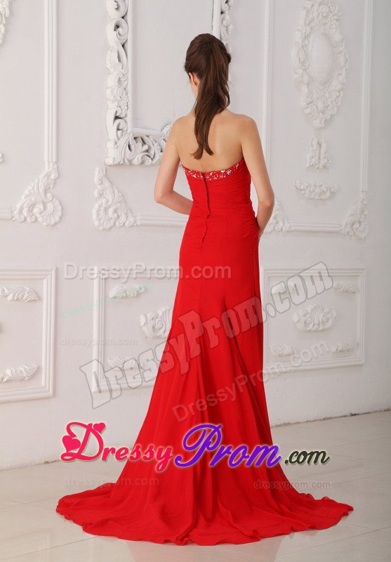 Brush Train Beading Chiffon Ruched Train Red Celebrity Prom Dress