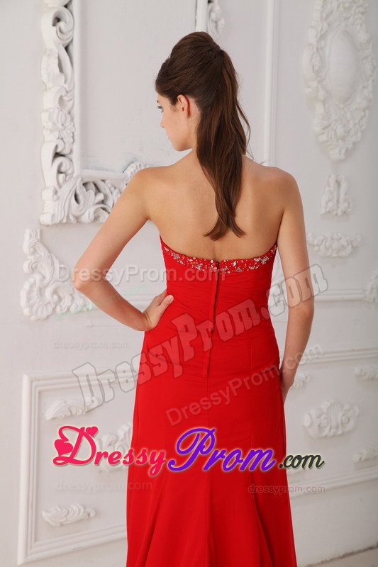 Brush Train Beading Chiffon Ruched Train Red Celebrity Prom Dress