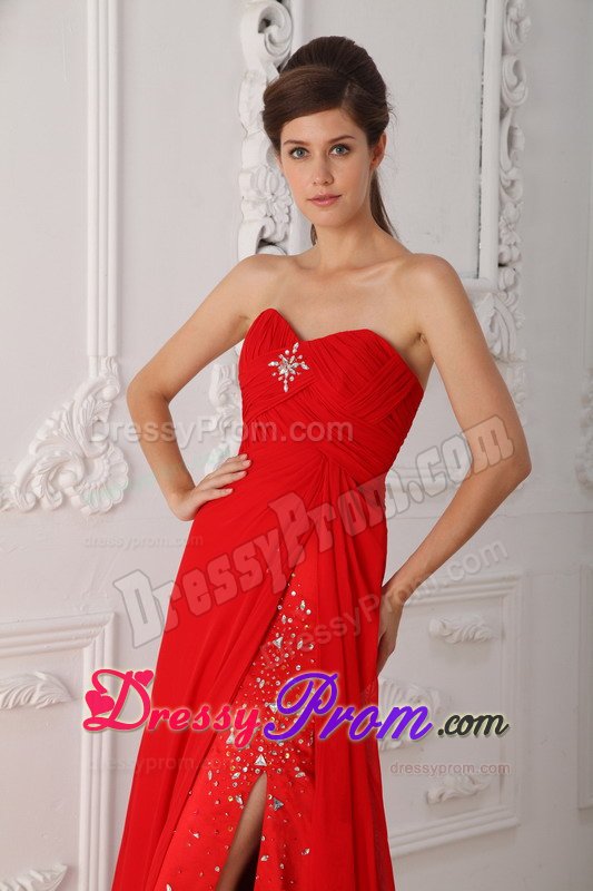 Brush Train Beading Chiffon Ruched Train Red Celebrity Prom Dress