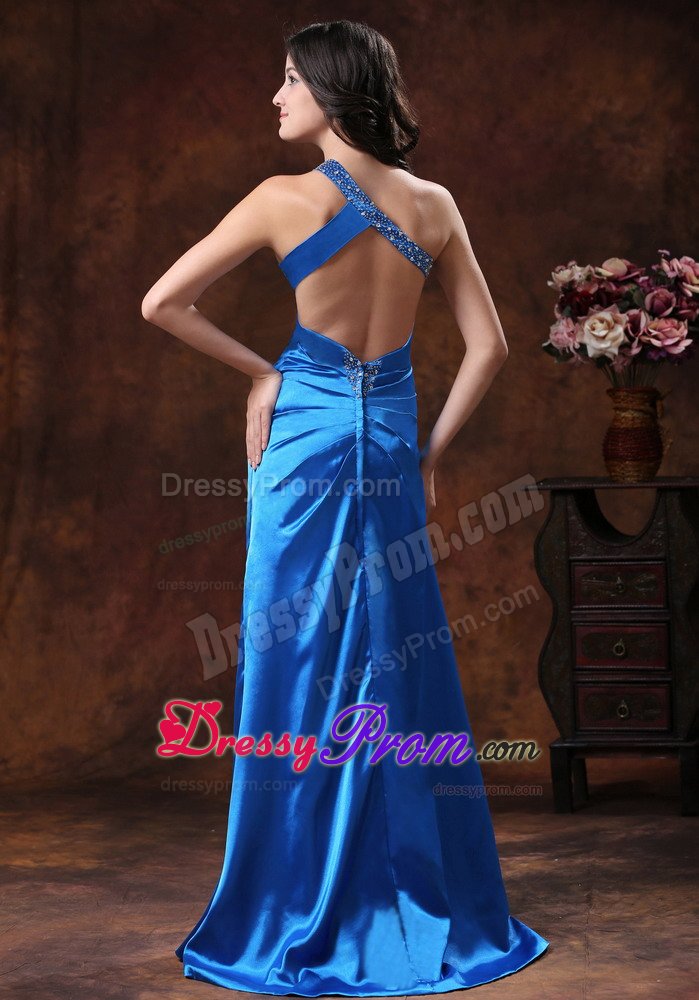 Sky Blue Beaded One Shoulder Graduation Prom Dress with High Slit
