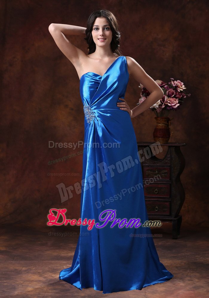 Sky Blue Beaded One Shoulder Graduation Prom Dress with High Slit