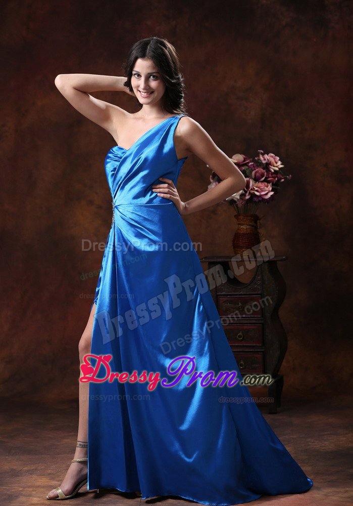 Sky Blue Beaded One Shoulder Graduation Prom Dress with High Slit