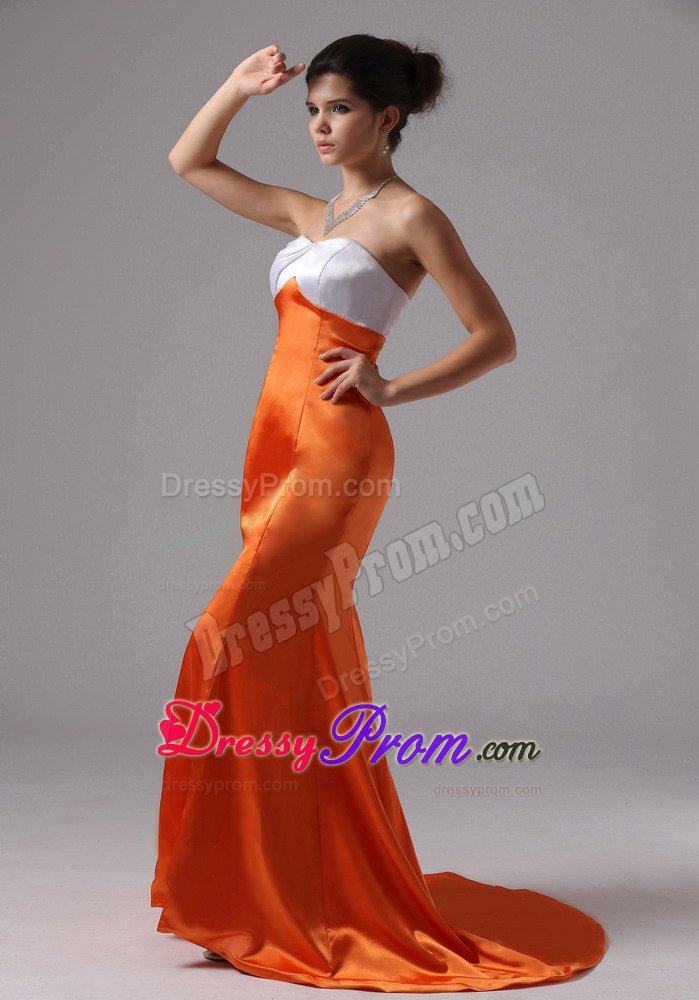 Mermaid Sweetheart White and Orange Red Train Evening Prom Dress
