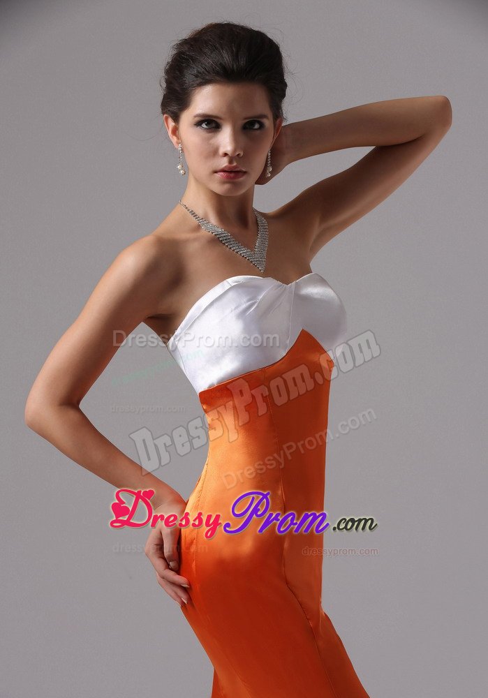 Mermaid Sweetheart White and Orange Red Train Evening Prom Dress