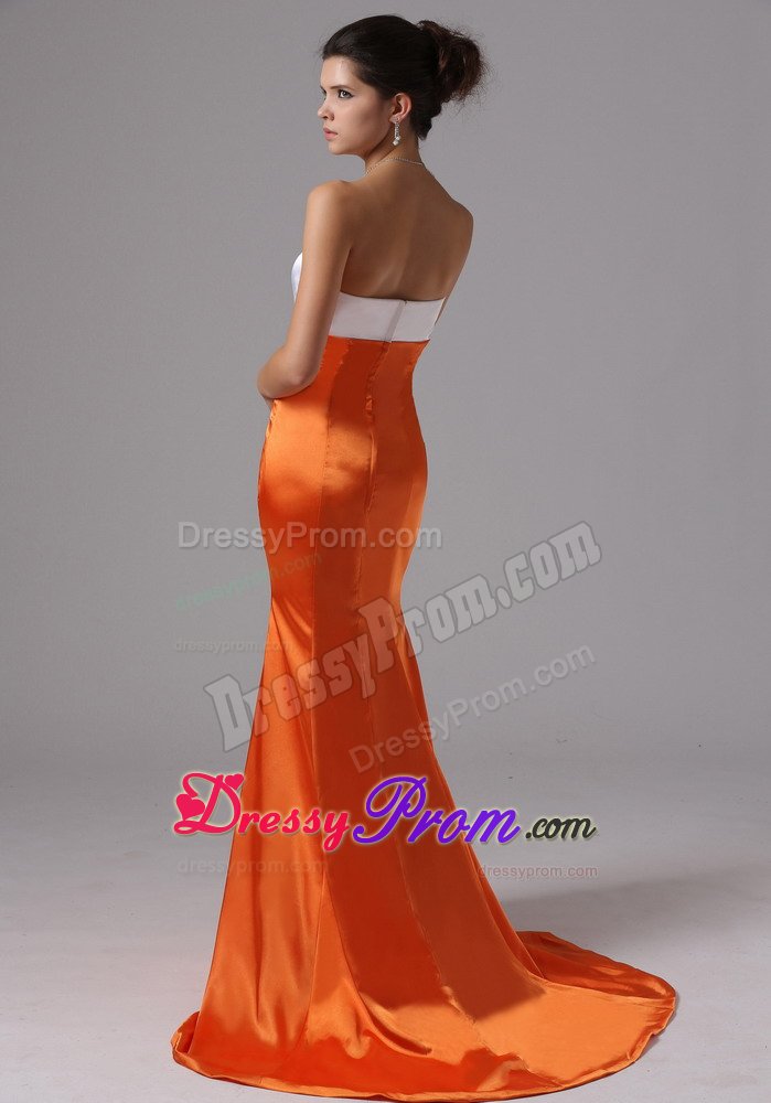 Mermaid Sweetheart White and Orange Red Train Evening Prom Dress