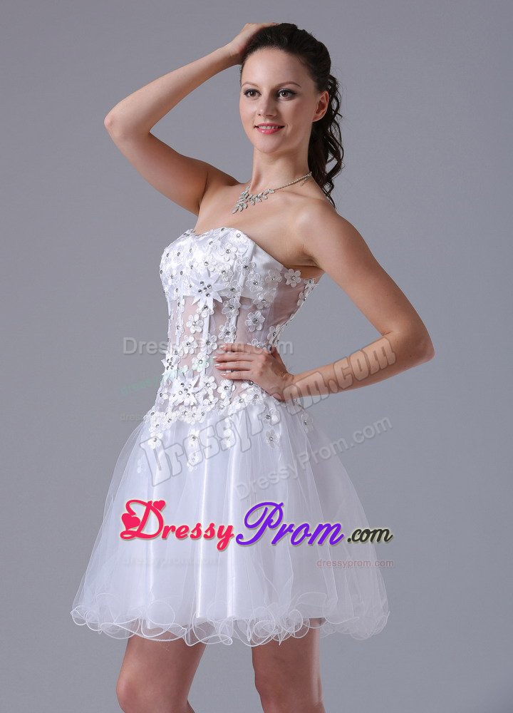 Discount Appliques Organza White Beaded Short Cocktail Prom Dress