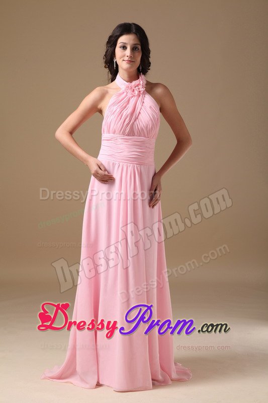 Halter Baby Pink Chiffon Ruched Prom Mothers Dresses with Flowers