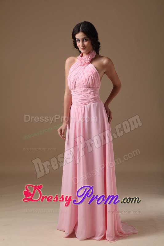 Halter Baby Pink Chiffon Ruched Prom Mothers Dresses with Flowers
