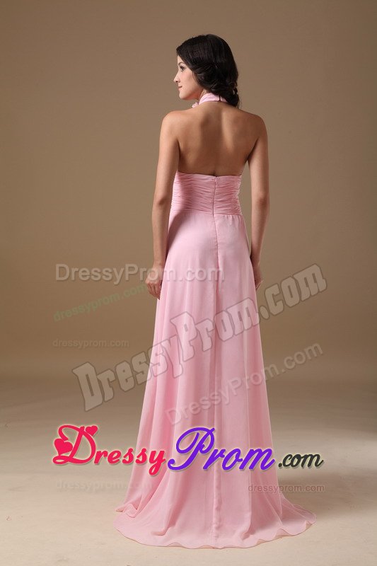 Halter Baby Pink Chiffon Ruched Prom Mothers Dresses with Flowers