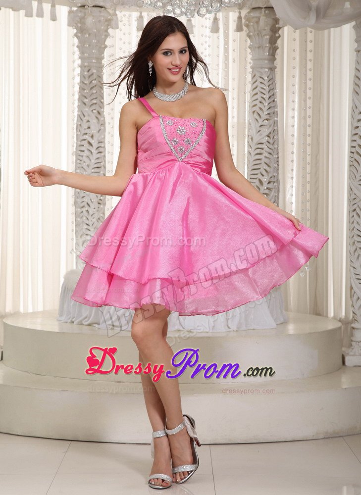 Rose Pink One Shoulder Beading Short Prom Dresses for Senior Party