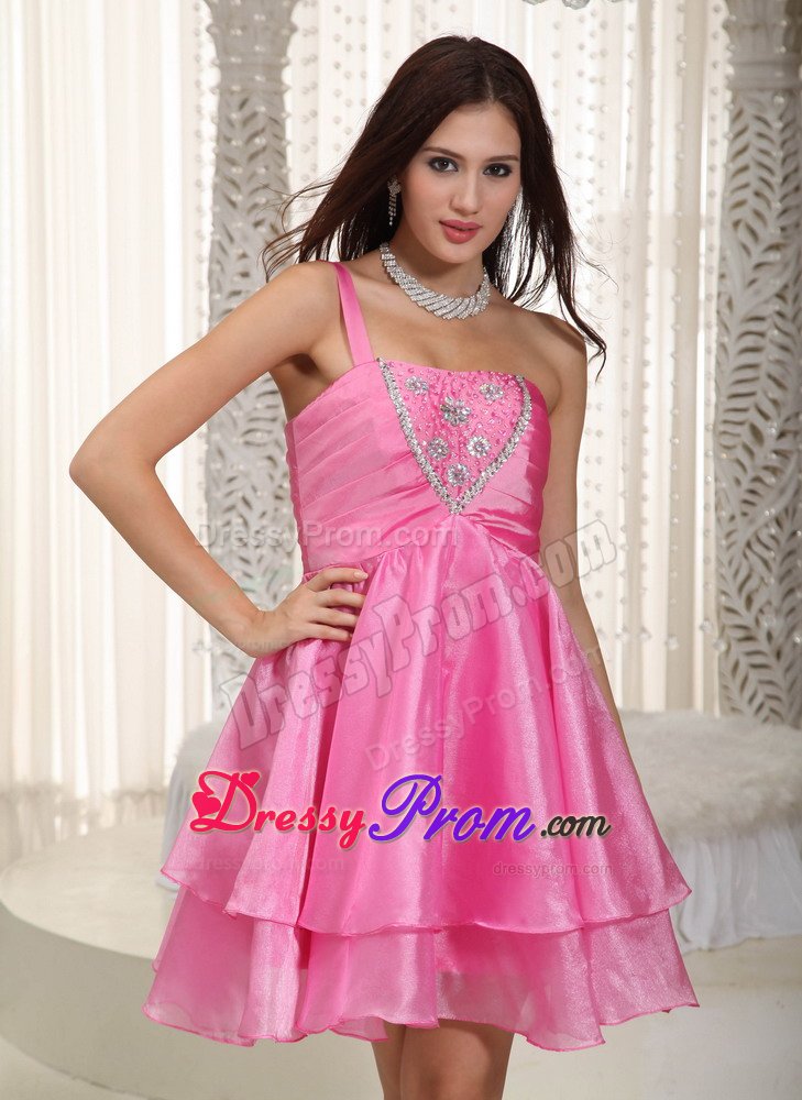 Rose Pink One Shoulder Beading Short Prom Dresses for Senior Party