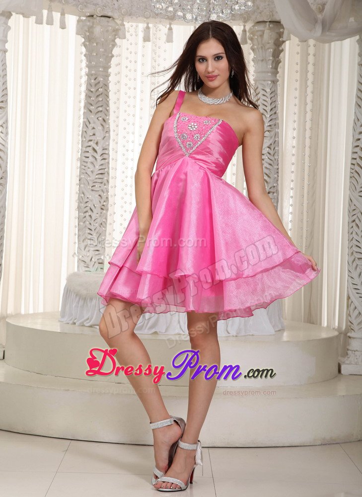 Rose Pink One Shoulder Beading Short Prom Dresses for Senior Party