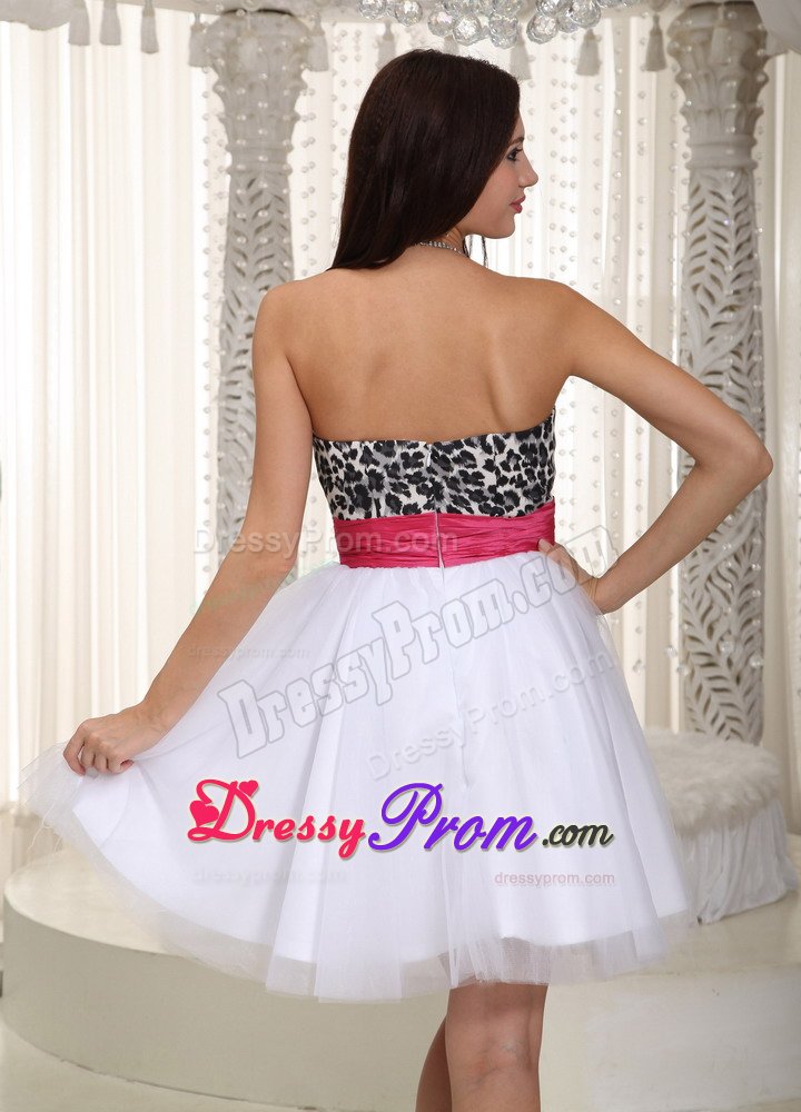 Leopard Sweetheart White Prom Cocktail Dress with Hot Pink Bowknot