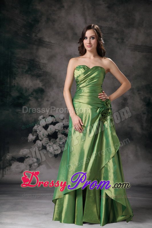 Sweetheart Green Taffeta Prom Gown Dress with Hand Made Flowers