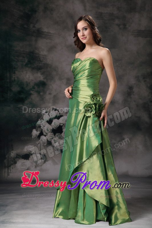 Sweetheart Green Taffeta Prom Gown Dress with Hand Made Flowers