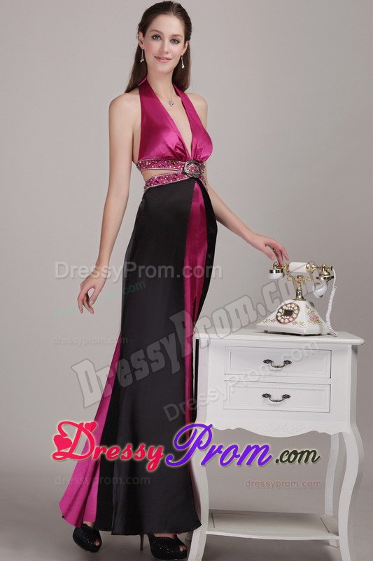 Fuchsia and Black Halter Beading Prom Dresses for Holiday Party