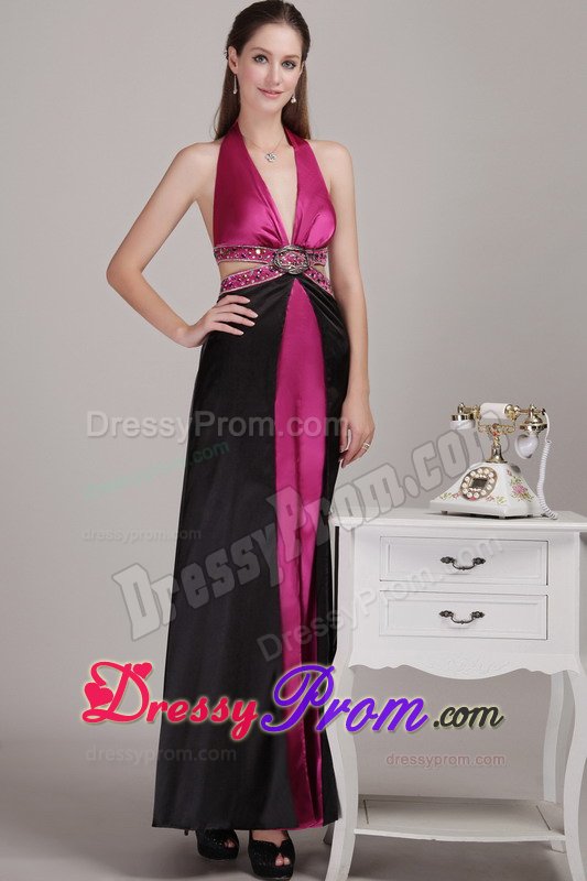 Fuchsia and Black Halter Beading Prom Dresses for Holiday Party