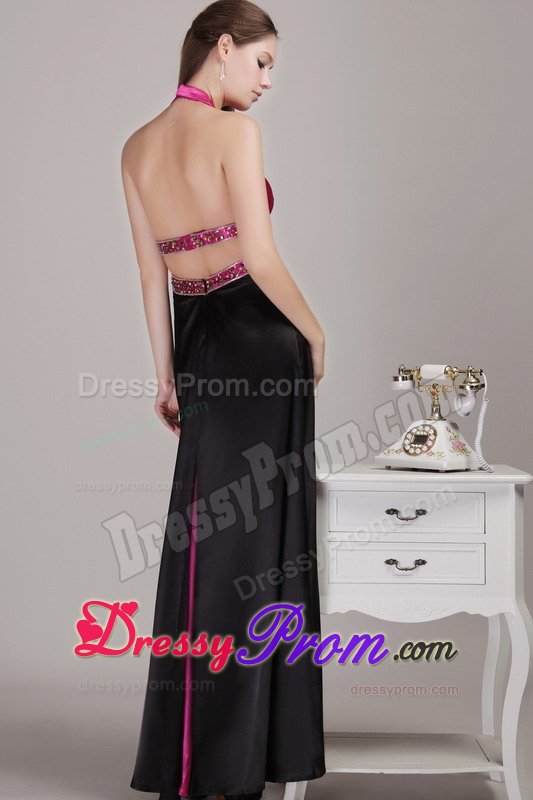 Fuchsia and Black Halter Beading Prom Dresses for Holiday Party