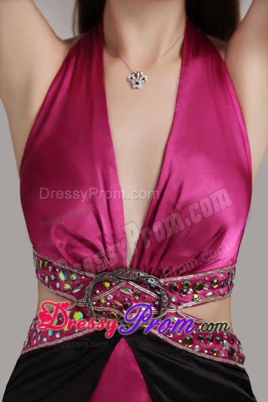 Fuchsia and Black Halter Beading Prom Dresses for Holiday Party