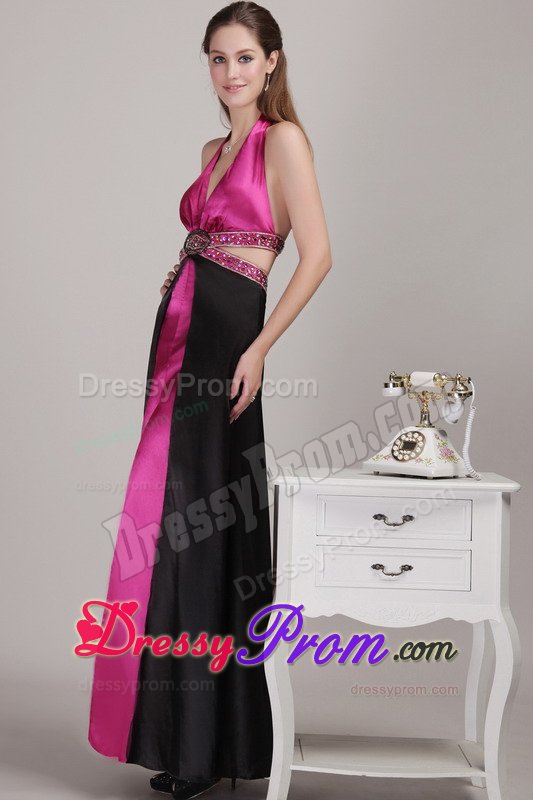 Fuchsia and Black Halter Beading Prom Dresses for Holiday Party