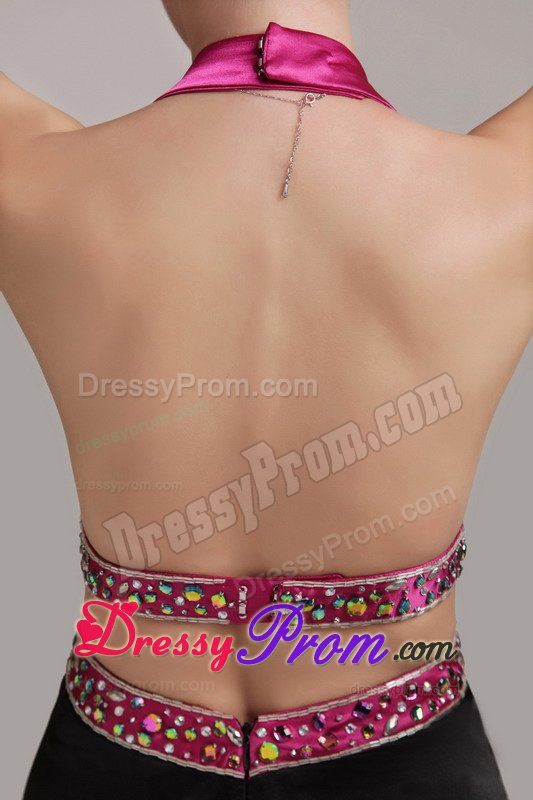 Fuchsia and Black Halter Beading Prom Dresses for Holiday Party