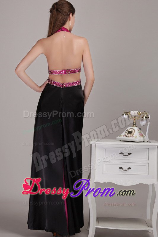 Fuchsia and Black Halter Beading Prom Dresses for Holiday Party