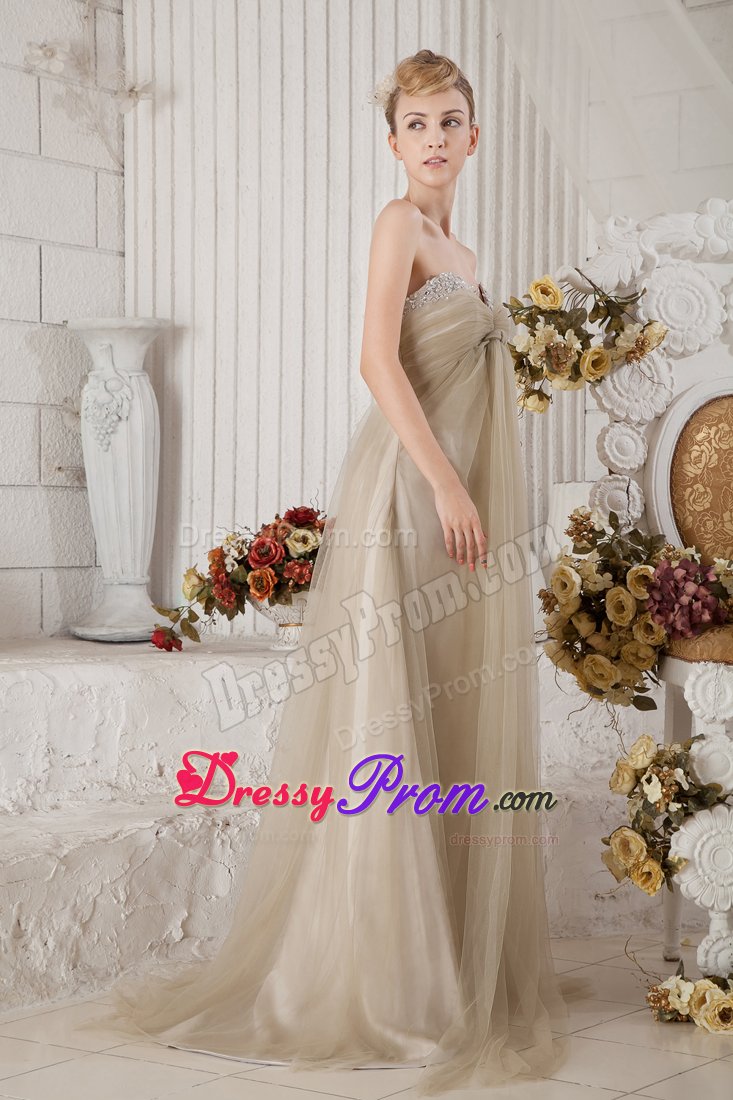 Lovely Tulle Brown Beading Brush Train Bridesmaid Prom Dresses