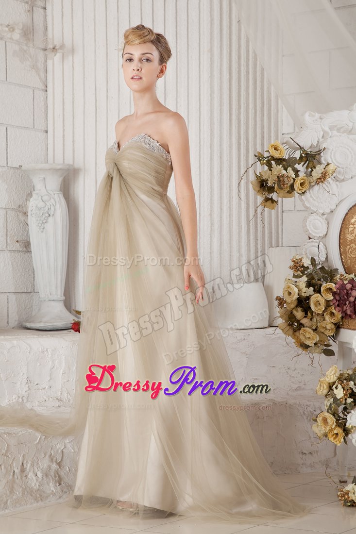 Lovely Tulle Brown Beading Brush Train Bridesmaid Prom Dresses
