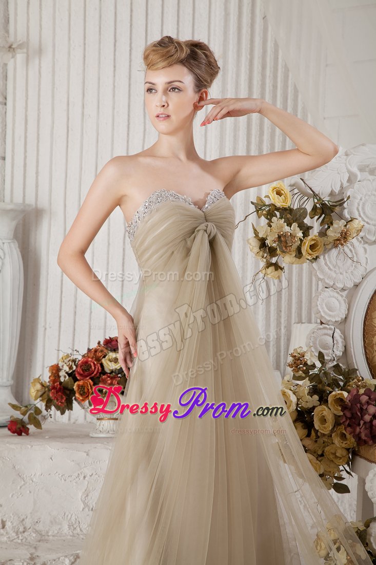 Lovely Tulle Brown Beading Brush Train Bridesmaid Prom Dresses